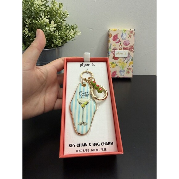Piper K Tini Time Martini Glass Keychain Bag Charm Blue Stripe Olive Retro NIB - Picture 3 of 10